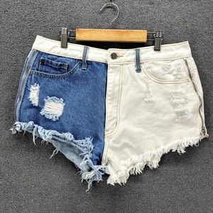 Nature Jeans Shorts Women L Large Blue white Denim Distressed Cut‎ Off High Rise
